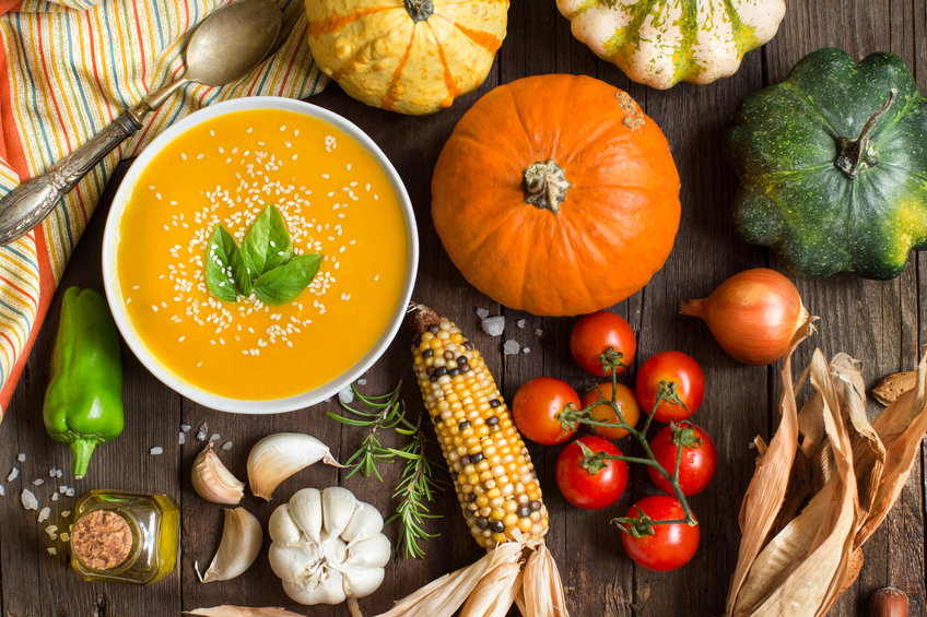 Fresh pumpkin soup and vegetables