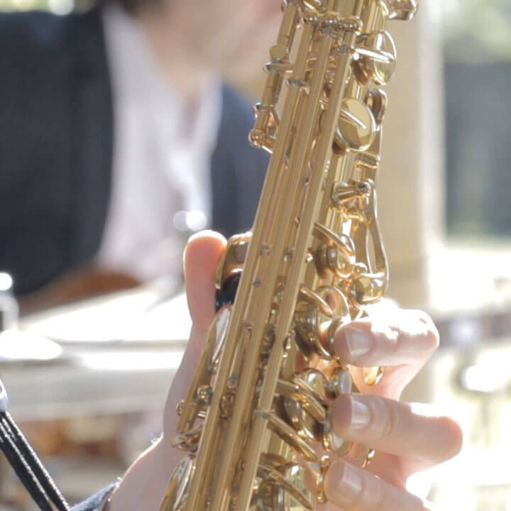 Closeup of saxophone.