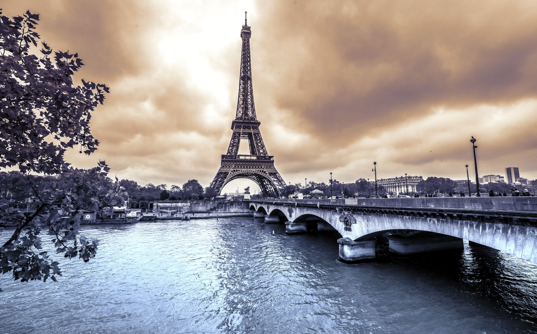 Eiffel Tower from Seine. Winter rainy day in Paris